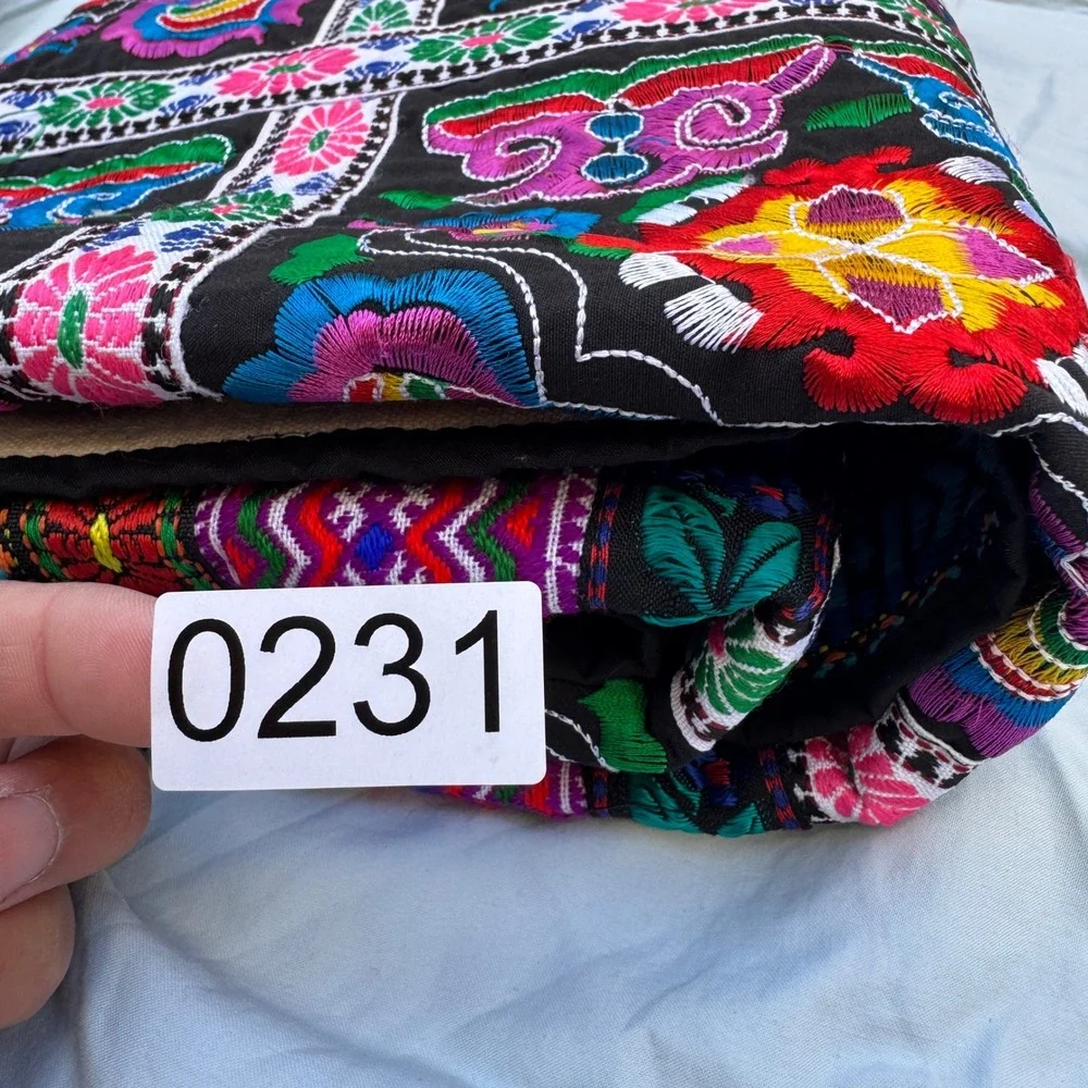 Vintage Hmong Embroidered Folk Art Textile Tapestry Black Multi Boho Floral